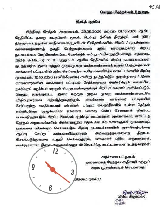 18 வயது நிறைவடைந்த புதிய வாக்காளர்களை சேர்க்க தேர்தல் ஆணையம் நடவடிக்கை!* 